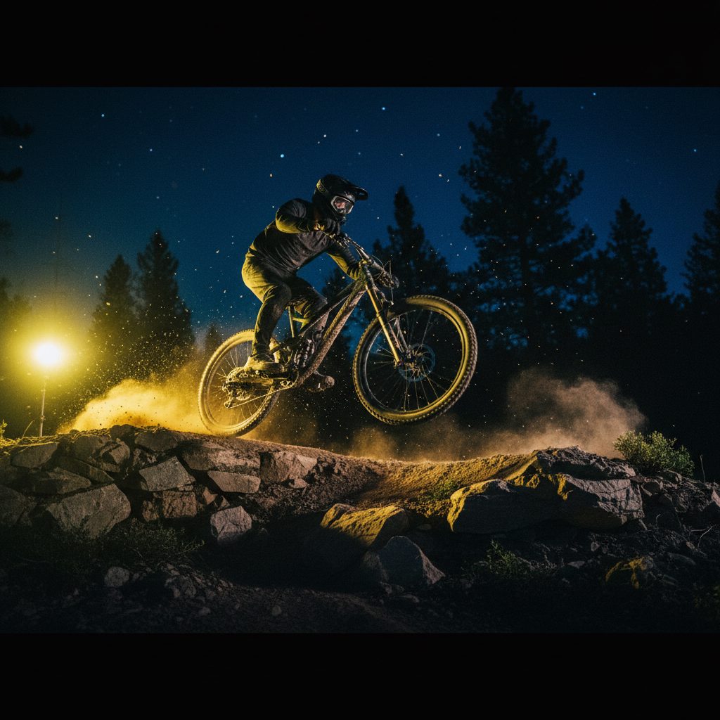 Mud-splattered electric mountain bike catching air over a rocky trail berm at blue hour